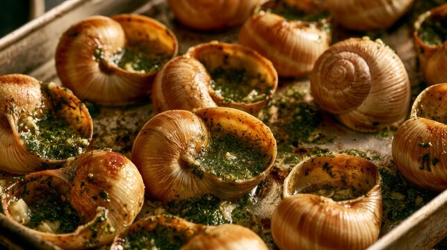 Close-up of empty baked snail shells with garlic butter, featuring golden roasted shells, rich buttery texture, savory appetizer, gourmet cuisine, French-style food, baked escargot, seafood delicacy