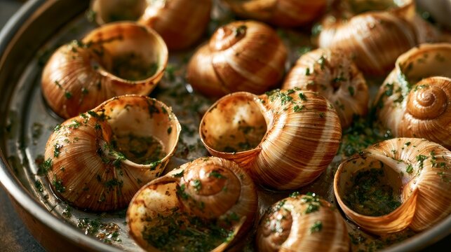 Close-up of empty baked snail shells with garlic butter, featuring golden roasted shells, rich buttery texture, savory appetizer, gourmet cuisine, French-style food, baked escargot, seafood delicacy