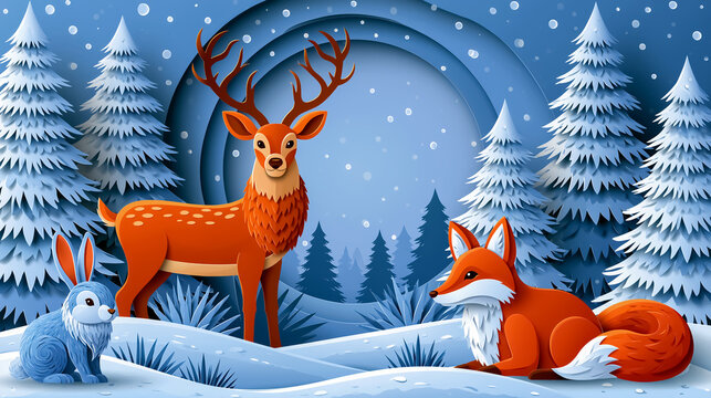 Paper-cut woodland animals in a snowy winter forest / festive kirigami art

