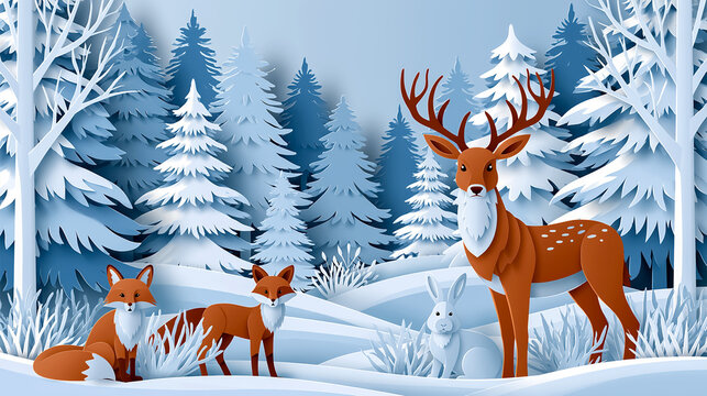 Paper-cut woodland animals in a snowy winter forest / festive kirigami art

