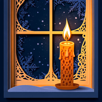 Paper-cut candle glowing in a frosted winter window / festive kirigami art

