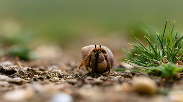 A hermit crab peeks out from its shell on a patch of earth beside green grass blades under soft natural light
