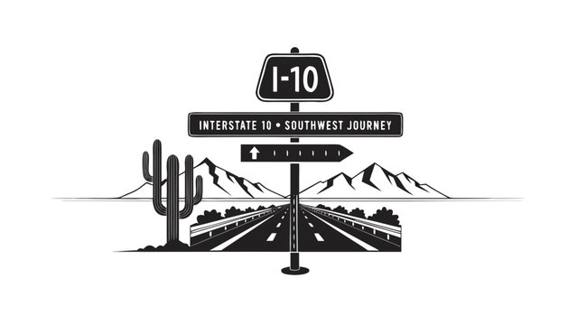 Very beautiful black and white realistic vector of an American interstate highway sign featuring desert mountains, cactus and a long western roadway, INTERSTATE 10 &bull; SOUTHWEST JOURNEY, detailed linewo