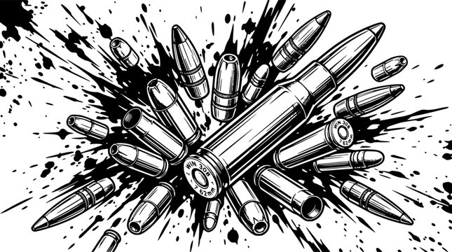 Bullets Exploding Outward in a Dynamic Vector Illustration with Scattered Debris and Impact Lines Featuring Ammunition