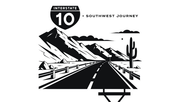 Very beautiful black and white realistic vector of an American interstate highway sign featuring desert mountains, cactus and a long western roadway, INTERSTATE 10 &bull; SOUTHWEST JOURNEY, detailed linewo