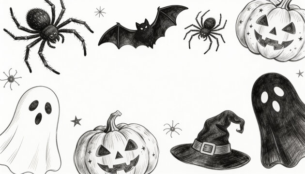 Halloween pencil sketch background frame spooky hand drawn pumpkin bat ghost black white monochrome spider witch hat vintage creepy graphic illustration set cute scary autumn holiday design banner.