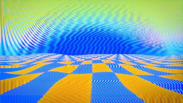 neon green blue yellow vaporwave retro background screensaver background, infinite loop oldschool visual with checkered moving wavy surface.