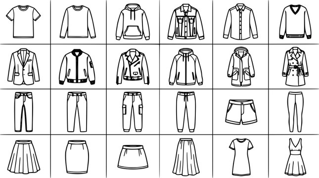 Clothing Items Vector Set Featuring Various Tops, Bottoms, Dresses, Jackets, and Outerwear in a Minimalist Line Art Style
