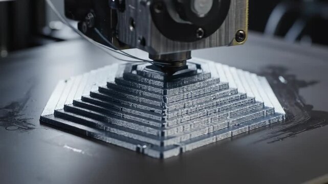 Precision 3D Printing Close-up of Nozzle Extruding Hexagonal Structure ideal for additive manufacturing and engineering concepts.