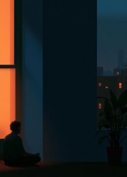 Person sitting on the floor in front of a large window, looking out at a city skyline at night. the person is facing away from the camera, with their back to the viewer.