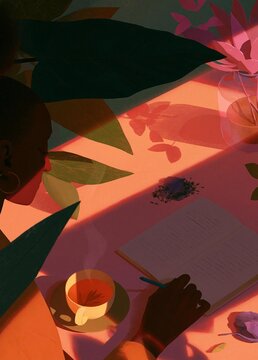 Illustration of a person sitting at a table with a cup of tea and a notebook. the person is holding a pen and appears to be writing in the notebook.