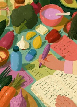 Illustration of a person's hand holding a purple pen and writing in a notebook. the notebook is open and the person is sitting at a table with various fruits and vegetables scattered around it.