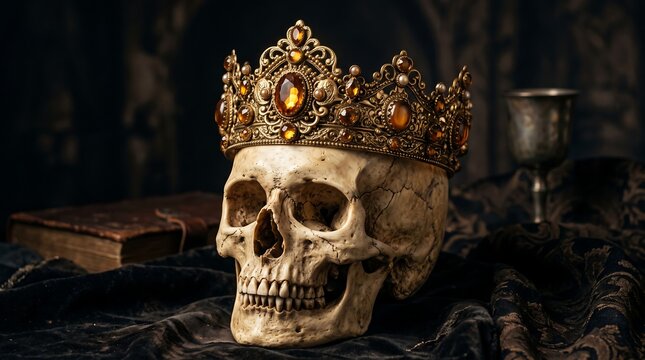 Human skull wearing an ornate gold crown with jewels in a dark gothic setting