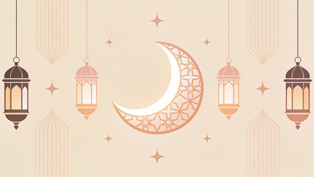 Crescent moon and lanterns minimalist illustration for Ramadan and Eid celebration decor