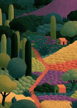 Illustration of a beautiful garden with a variety of colorful flowers and plants. the garden is filled with different types of plants and trees, including tall trees, cacti, and succulents.