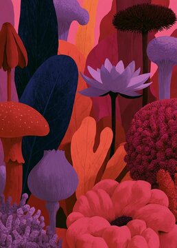 Illustration of a group of different types of flowers and plants. the background is a gradient of pink and orange, with the majority of the image being pink.