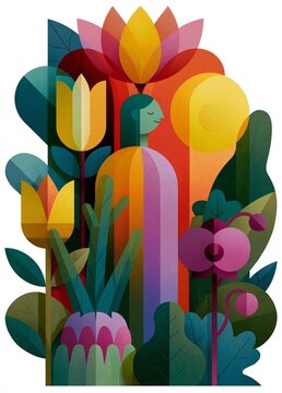 Illustration of a colorful and vibrant scene with a variety of flowers and plants. the background is white and the flowers are arranged in a way that creates a sense of depth and dimension.