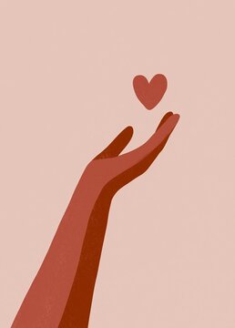 Illustration of a hand holding a small red heart. the hand is drawn in a simple, minimalistic style with a light pink background.