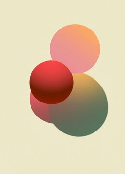 Abstract digital art piece with three overlapping circles. the circles are of different colors - one is red, one is pink, and one is light green. the background is a plain beige color.