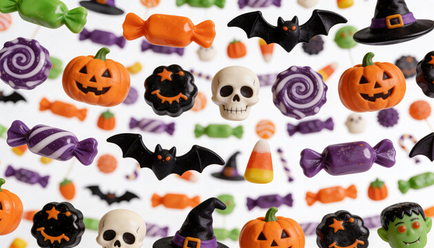Halloween Candy Pattern Background, Floating Jack O Lantern Pumpkin, Spooky Skull Bat Witch Hat, Trick Or Treat Sweets Decoration, Autumn Holiday Party Frame, Festive Monster Halloween Treats.