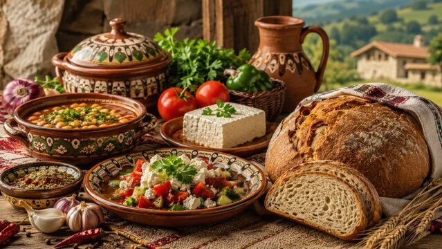A Rustic Culinary Display Featuring Various Ingredients and Dishes Set Amidst a Beautiful Countryside Landscape
