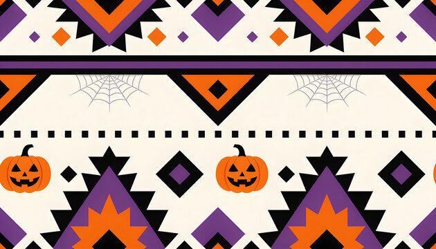 Halloween geometric pattern seamless border, spooky pumpkin ethnic tribal backdrop, orange purple autumn holiday background, spiderweb traditional festive vector graphic banner decoration.