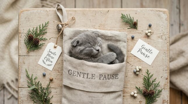 Tiny gray kitten sleeping peacefully inside a rustic linen pouch labeled gentle pause on a vintage wooden table with seasonal fir branches and pine cones perfect for cozy winter holiday greeting