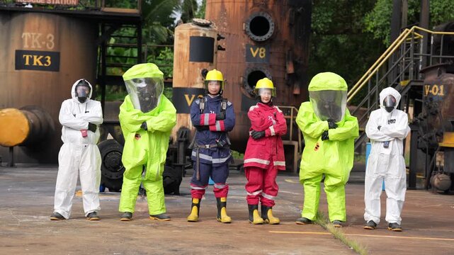 Hazmat suit protective clothing industrial worker safety gear chemical plant emergency response contamination training drill refinery yard team in helmet respirator pose, spill control disaster rescue
