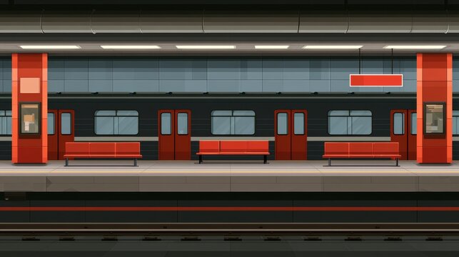 Clean flat vector illustration in a horizontal composition, representing city transportation, public transit, urban railway, metro station, subway travel, commuter transport.