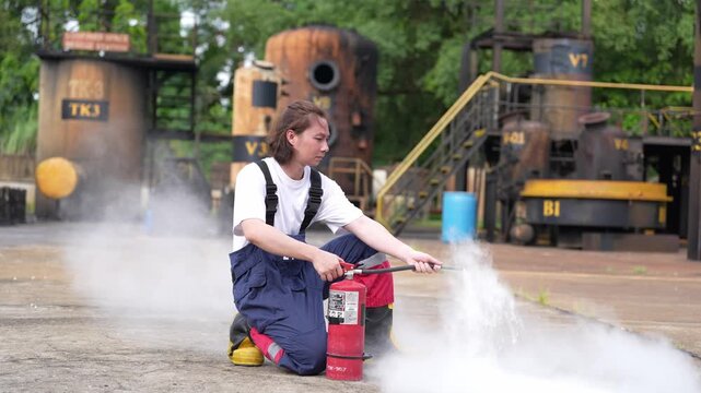Fire extinguisher safety training for industrial worker emergency smoke fire prevention drill at factory yard, trainee kneeling on concrete discharging foam during outdoor hazard control simulation
