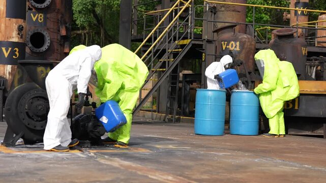 Hazmat worker chemical spill suit cleanup at factory drum team managing toxic leak, crew in protective coverall respirator pouring absorbent and liquid into barrel, industrial plant safety response