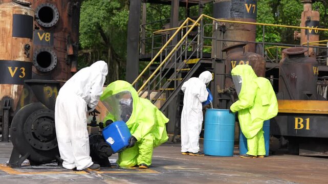 Hazardous material chemical spill cleanup at industrial facility, protective suit respirator crew performs decontamination, hazardous waste inspection, drum handling, blue barrel safety response