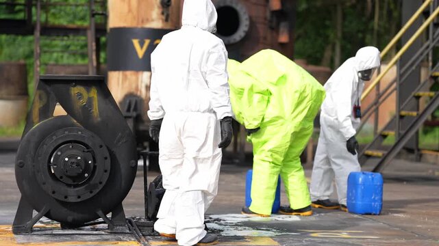 Hazard worker in coverall managing chemical spill cleanup and decontamination at industrial plant, carrying container past machinery during emergency response to prevent contamination, ensure safety