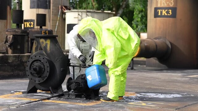 Hazmat suit chemical spill industrial plant cleanup safety protective gear worker with bucket, emergency response decontamination near pump and pipe, technician pours liquid amid foam on concrete