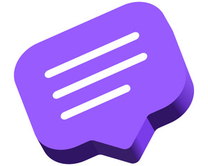 Obraz premium Vector purple 3D speech bubble icon with text message lines isolated on white background. Modern chat, comment, communication, and discussion UI design element. Web Svg icon