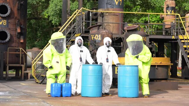 Hazmat suit chemical spill response at industrial factory, worker team in protective gear with respirator handles blue barrel drum containers, toxic waste cleanup safety drill