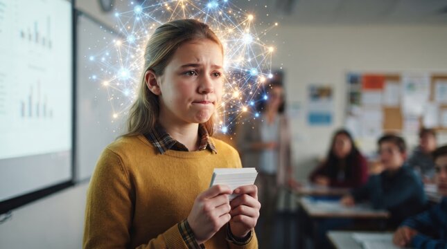 Student girl nervous during presentation in classroom. Academic anxiety and pressure to succeed in school. Concept of digital thinking process and concentration during oral exam session.