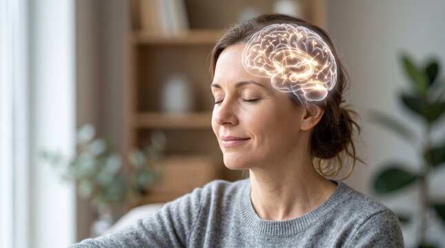 Woman with glowing digital brain model visualizing mental focus and cognitive health. Mindful concentration and intellectual development concept. Advanced neuroscience research and learning.
