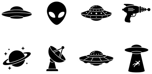 Alien UFO Icons, Spacecraft Symbols, Retro Ray Gun, Satellite Dish, Planet, Extraterrestrial © Alif
