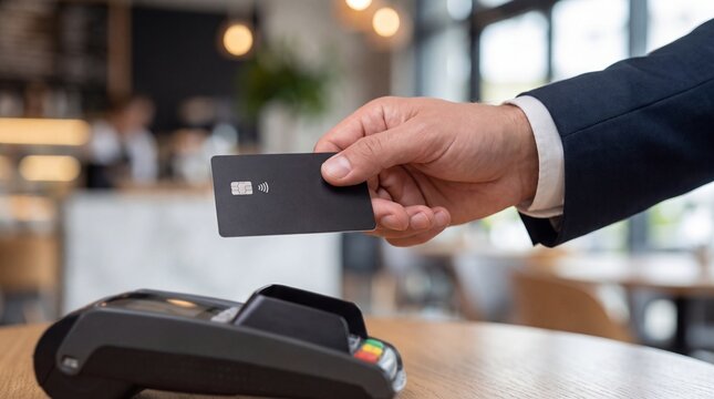 Businessman Paying with Black Contactless Credit Card on POS Terminal in Cafe
