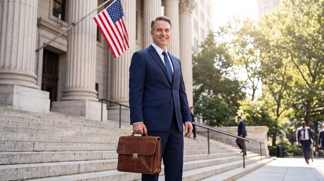 Confident Professional Lawyer or Government Official Standing with Briefcase in Front of Court Building with American Flag