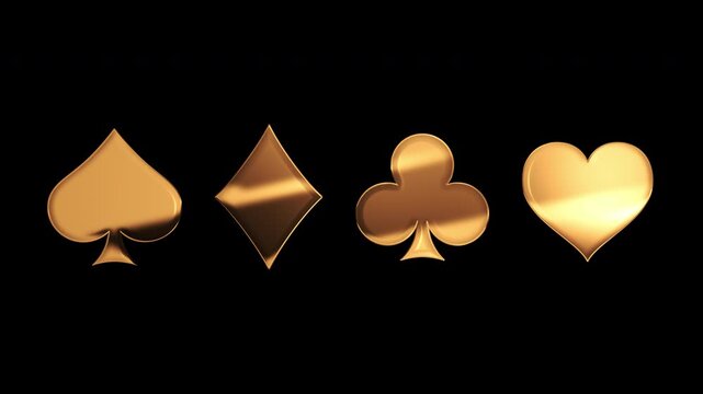 Golden card suit symbols shine gold liquid texture motion animation against dark background with alpha channel. spade diamond club and heart for luxury poker casino gambling games animation.