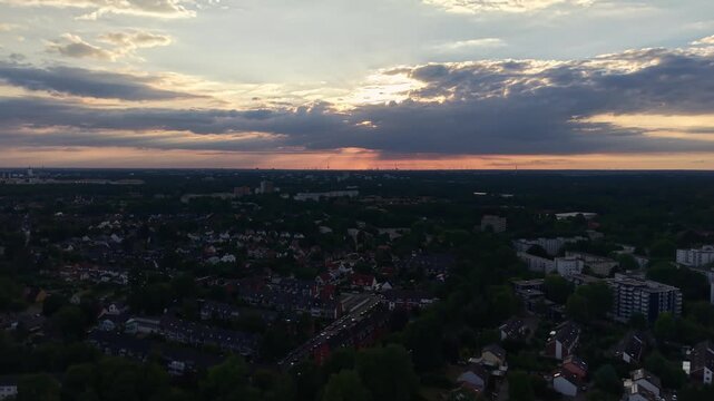 High-angle footage showing residential architecture in Bremen, Germany, including traditional homes, multistory apartment buildings, rooftops and streets.