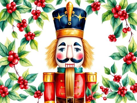 Watercolor illustration of a vintage-style nutcracker soldier surrounded by holly, nutcracker, watercolor