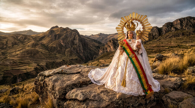 Virgen de Urkupi&ntilde;a con el Ni&ntilde;o Jes&uacute;s en un paisaje de los Andes de Bolivia