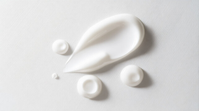 Smooth white cream smear and small drops showcasing a cosmetic product emulsion or lotion texture against a clean surface