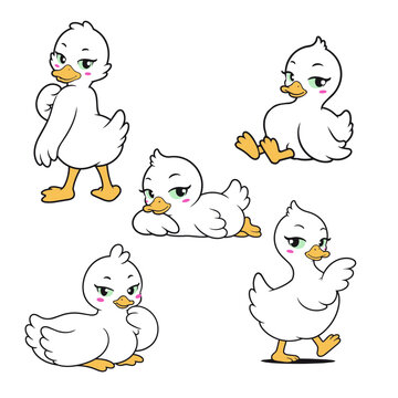 Cute White Duck Character Set with Five Poses, Cartoon Bird Vector Collection for Stickers, Nursery Art and Children&rsquo;s Illustration