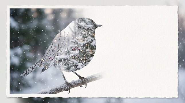 A greeting card featuring a double exposure silhouette of a bird with a snow-covered forest inside, Snowy bird on a branch