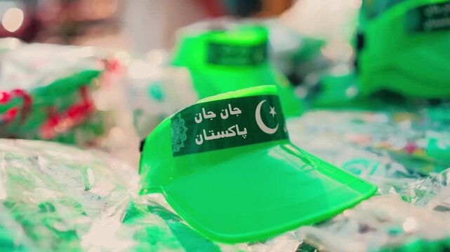 Close Up of Green Pakistan Independence Day Visor Cap with Urdu Text