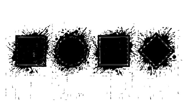 Grunge Ink Splashes with Geometric Shapes, Including Squares, a Circle, and a Rhombus, Set Against a White Background.